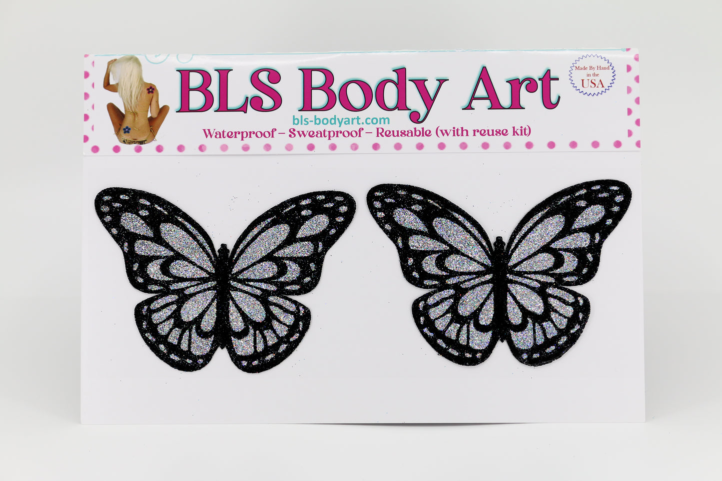 Product Image - Silver Butterfly Glitter Pasties in BLS Body Art packaging