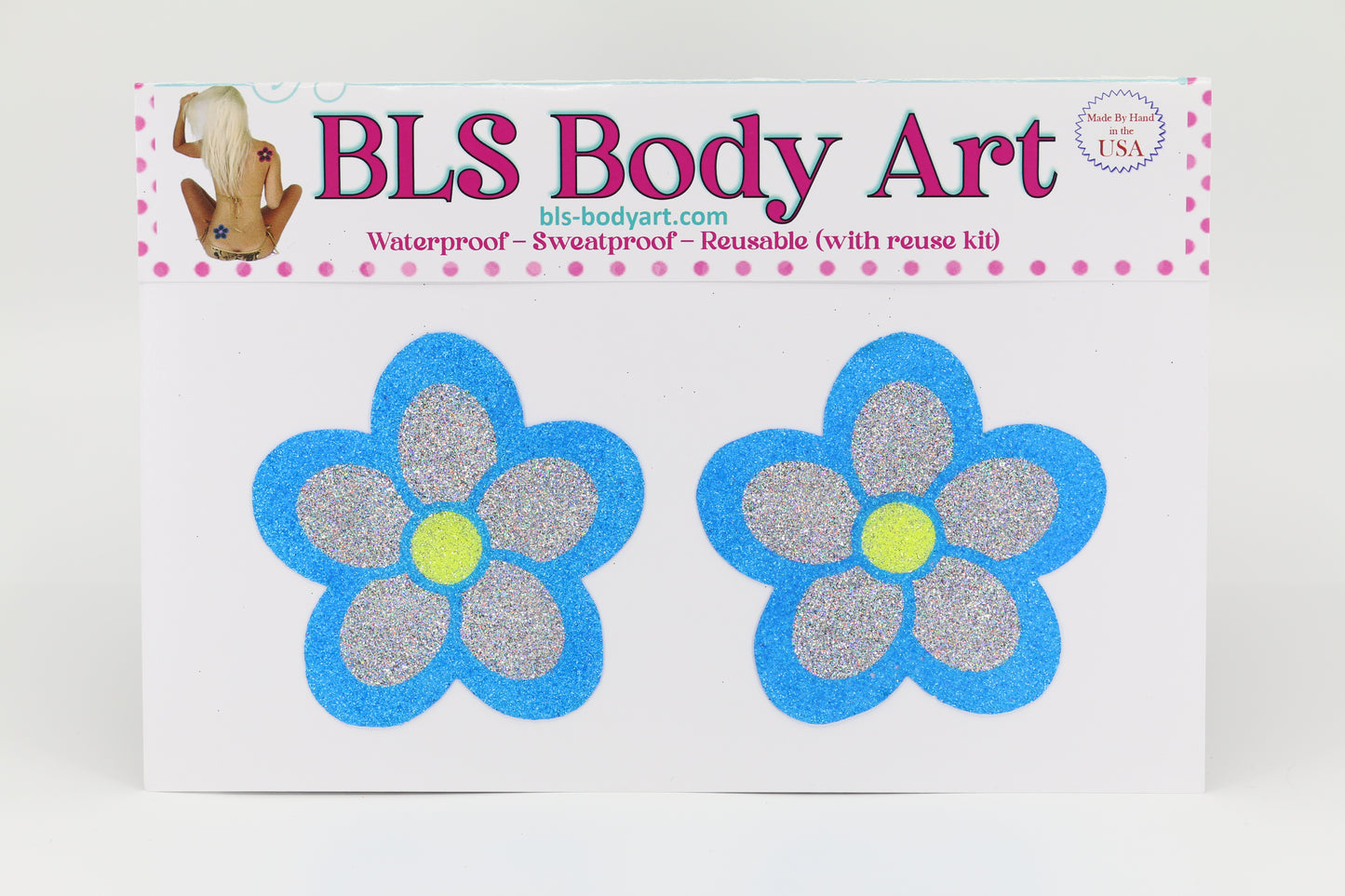Product Image - Neon Blue/Silver Daisy Glitter Pasties in BLS Body Art packaging