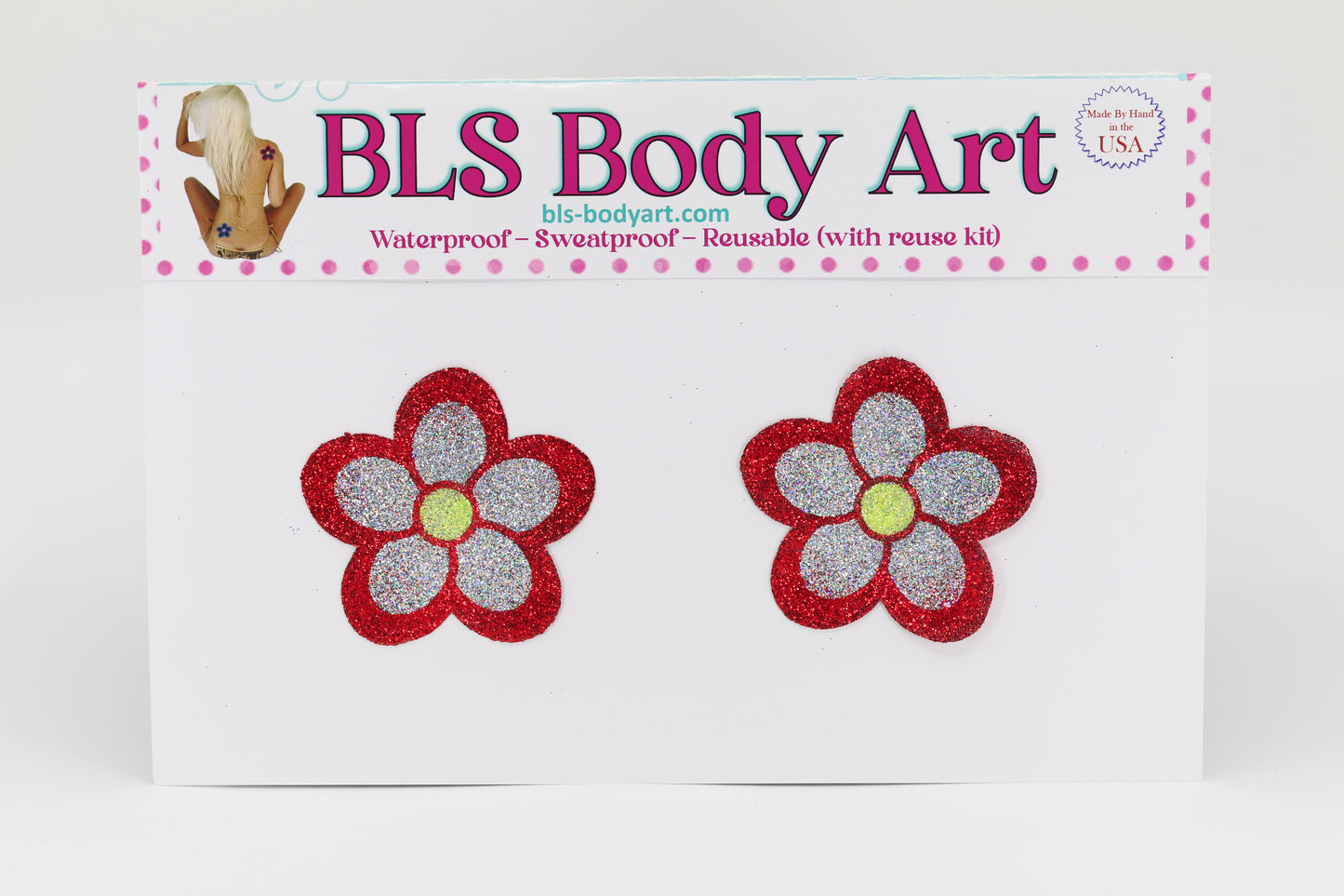 Product Image - Red/Silver Daisy Glitter Pasties in BLS Body Art packaging