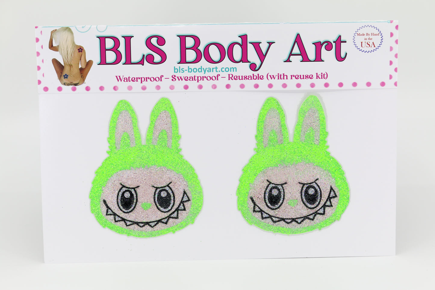 Product Image - Neon Green Laboobies Glitter Pasties in BLS Body Art packaging