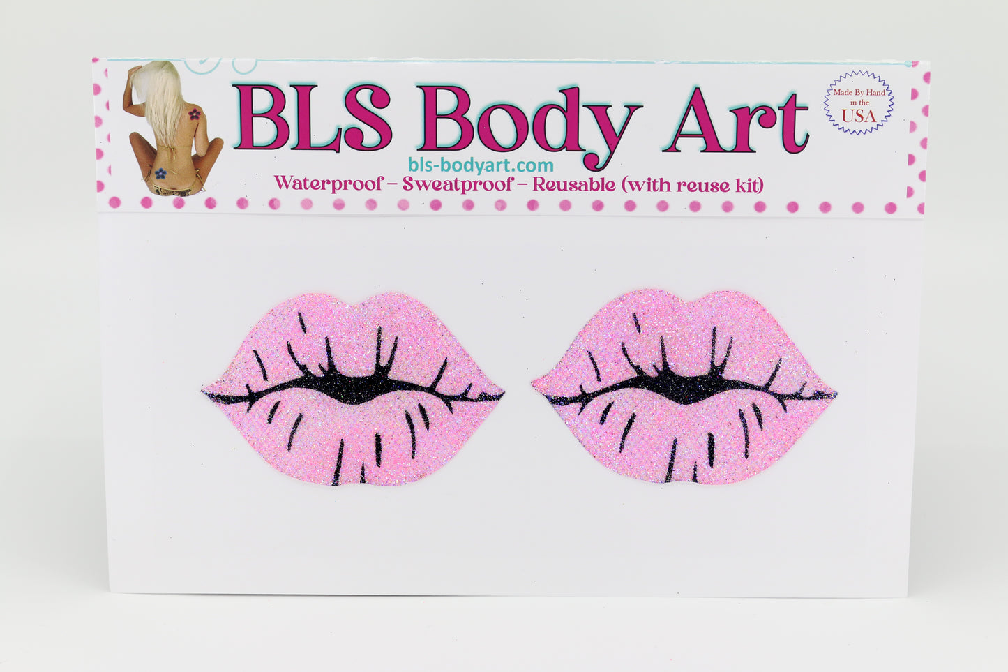 Product Image - Pink Kiss Lips Glitter Pasties in BLS Body Art packaging