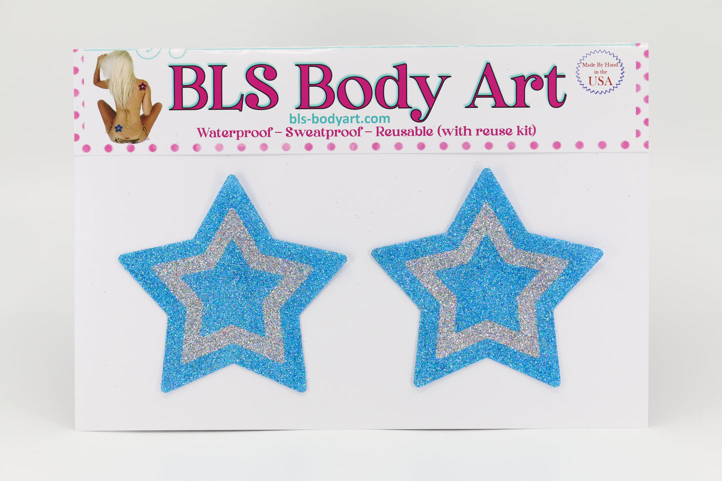 Product Image - Sky Blue/Silver Star Glitter Pasties in BLS Body Art packaging
