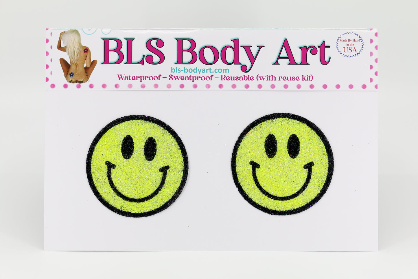 Product Image - Neon Yellow Smiley Face Glitter Pasties in BLS Body Art packaging