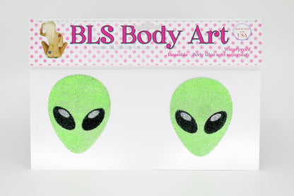 Product Image - Neon Green UV Alien Head Glitter Pasties in BLS Body Art packaging