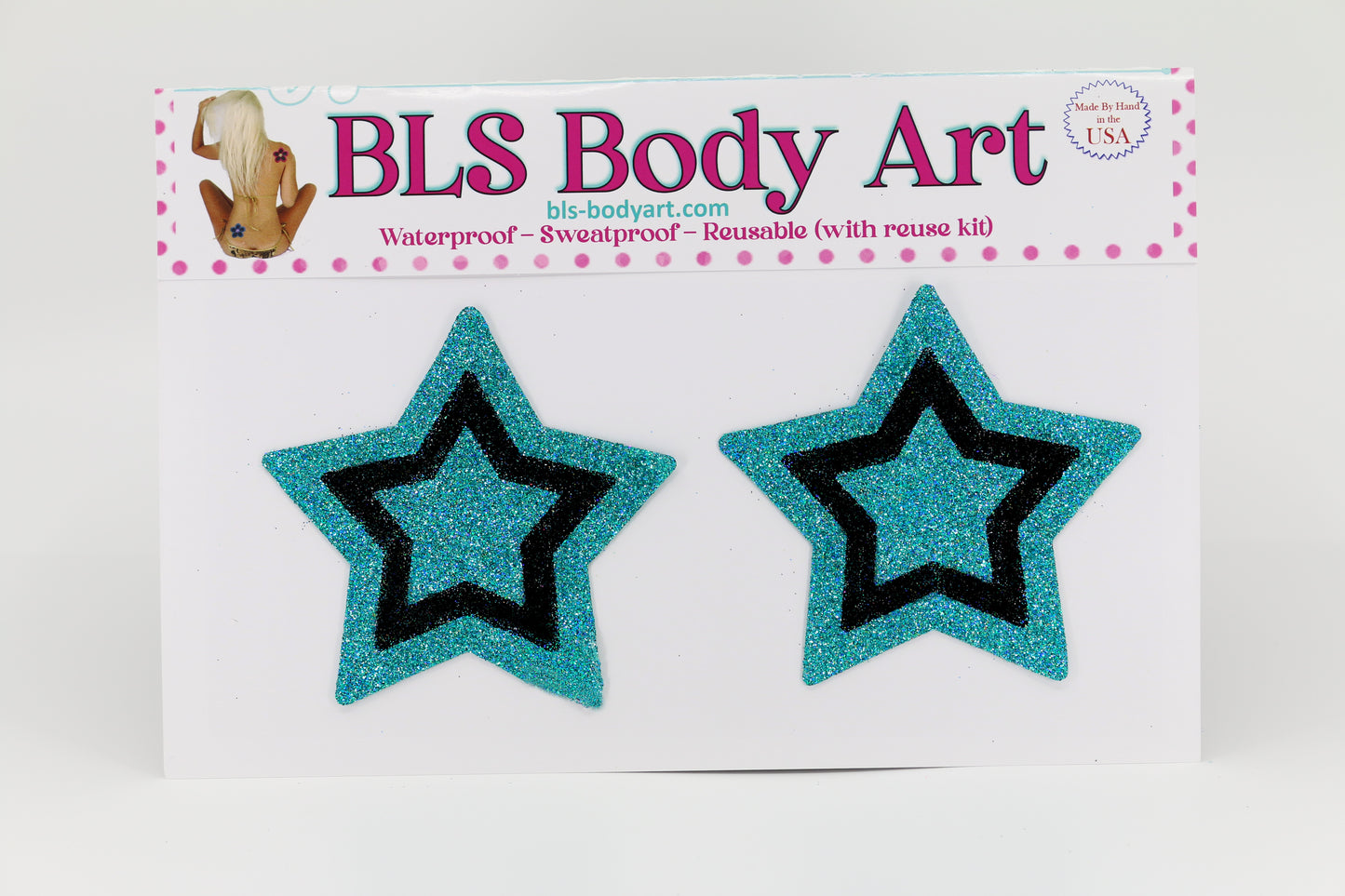 Product Image - Aqua/Black Star Glitter Pasties in BLS Body Art packaging