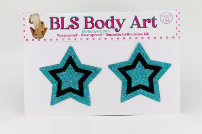 Product Image - Aqua/Black Star Glitter Pasties in BLS Body Art packaging