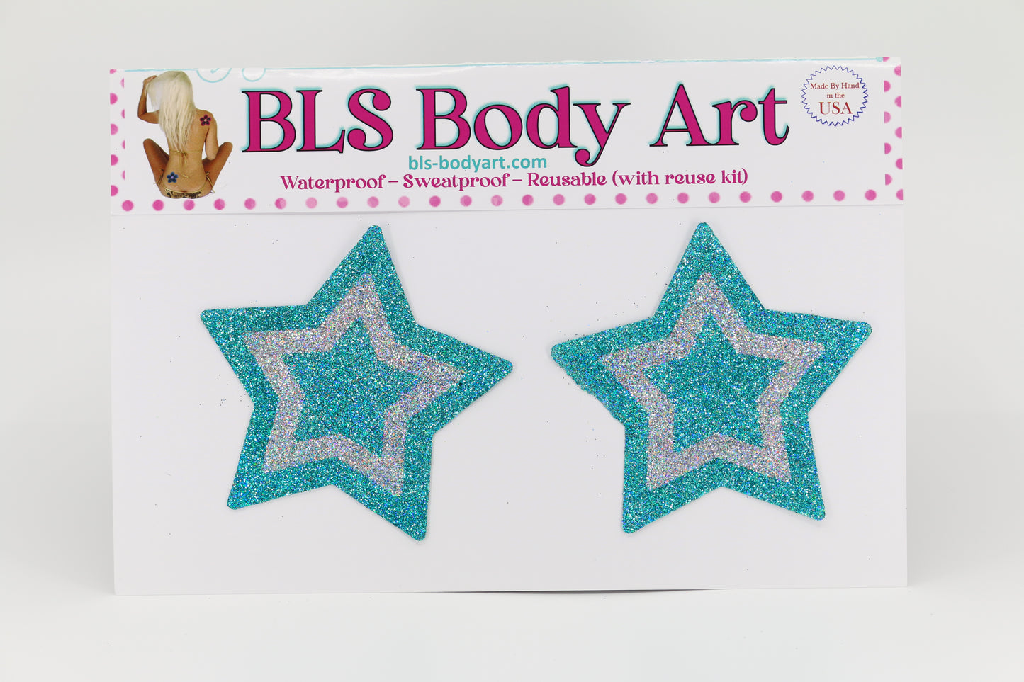 Product Image - Aqua/Silver Star Glitter Pasties in BLS Body Art packaging