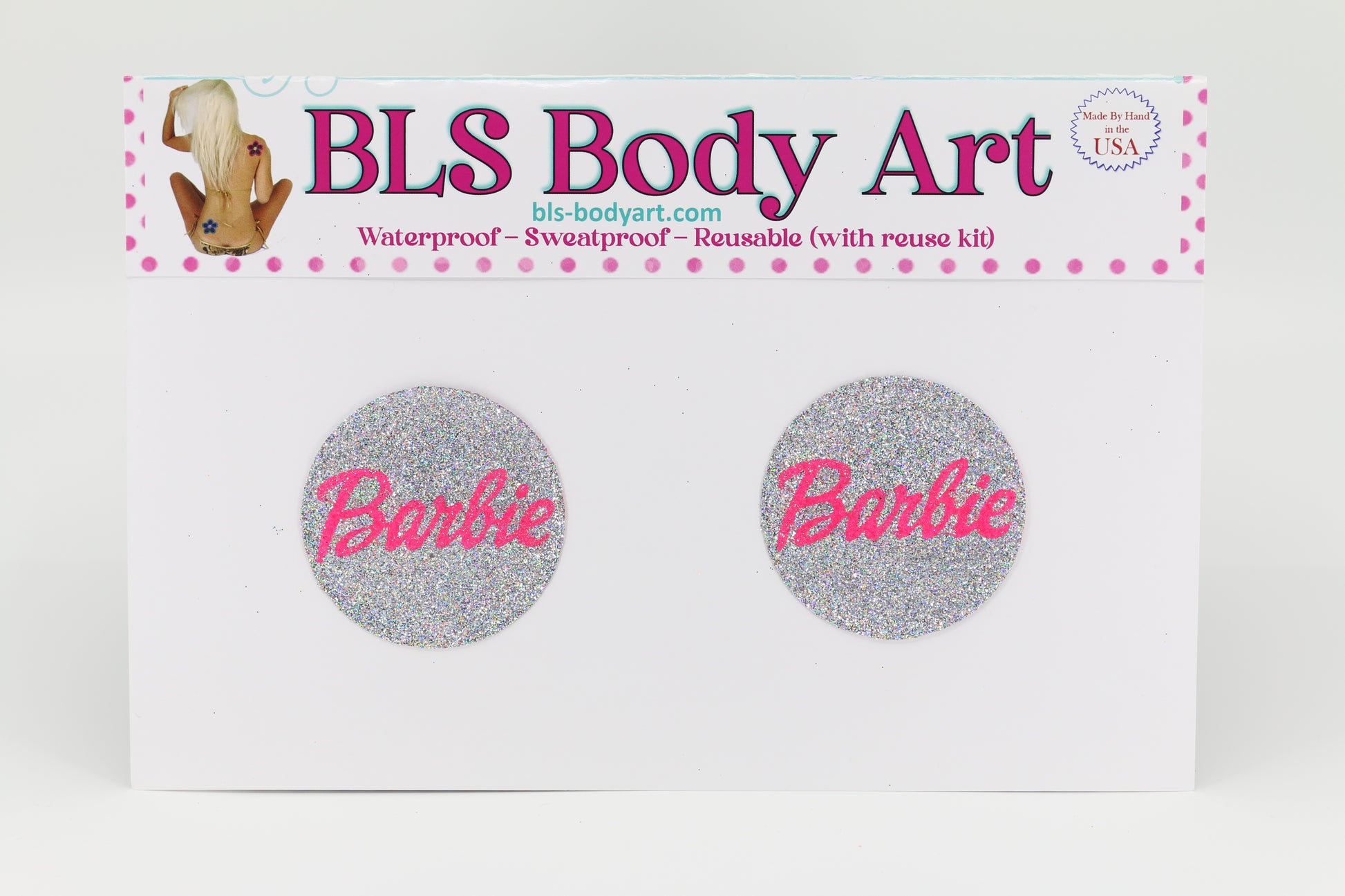 Product Image - Silver/Neon Pink Small Barbie Glitter Pasties in BLS Body Art packaging