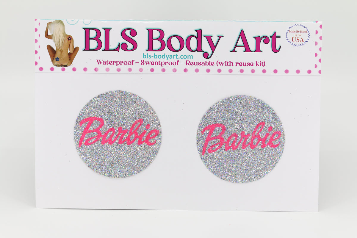 Product Image - Silver/Neon Pink Barbie Glitter Pasties in BLS Body Art packaging