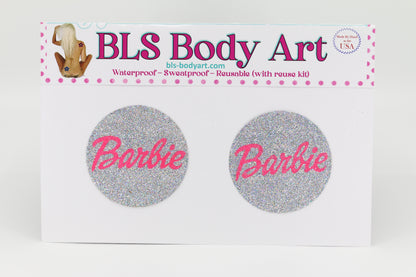 Product Image - Silver/Neon Pink Barbie Glitter Pasties in BLS Body Art packaging