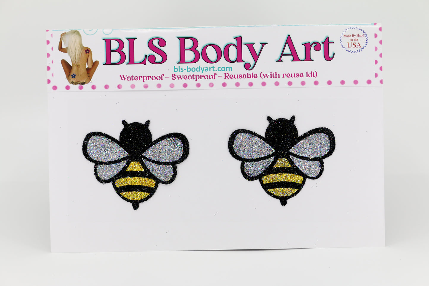 Product Image - Small Bee Glitter Pasties in BLS Body Art packaging