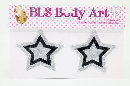 Product Image - Silver/Black Star Glitter Pasties in BLS Body Art packaging