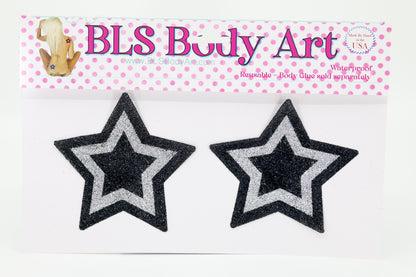 Product Image - Black/Silver Star Glitter Pasties in BLS Body Art packaging
