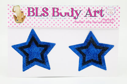 Product Image - Blue/Black Star Glitter Pasties in BLS Body Art packaging