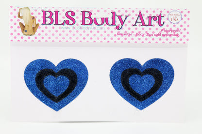 Product Image - Blue/Black Heart Glitter Pasties in BLS Body Art packaging