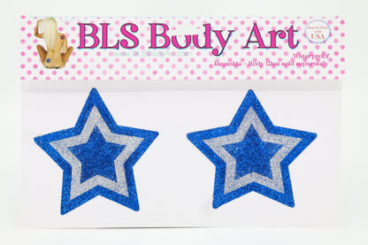 Product Image - Blue/Silver Star Glitter Pasties in BLS Body Art packaging