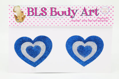 Product Image - Blue/Silver Heart Glitter Pasties in BLS Body Art packaging