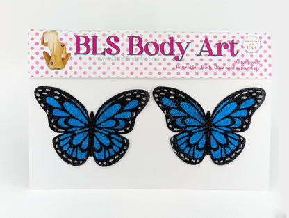 Product Image - Neon Blue UV Butterfly Glitter Pasties in BLS Body Art packaging