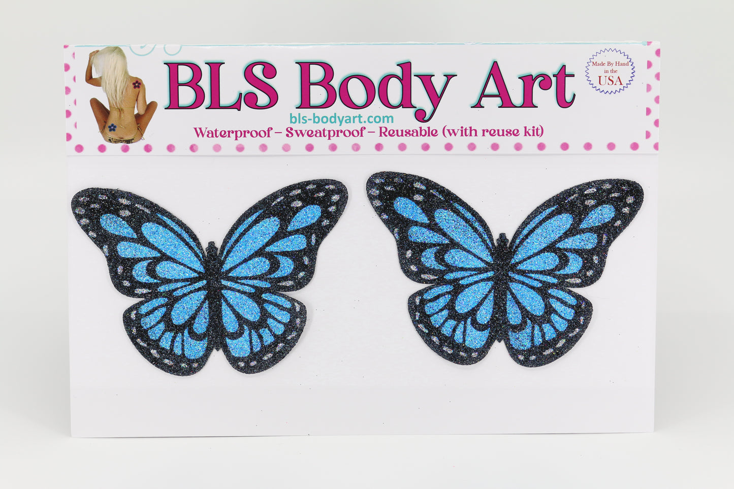 Product Image - Sky Blue Butterfly Glitter Pasties in BLS Body Art packaging