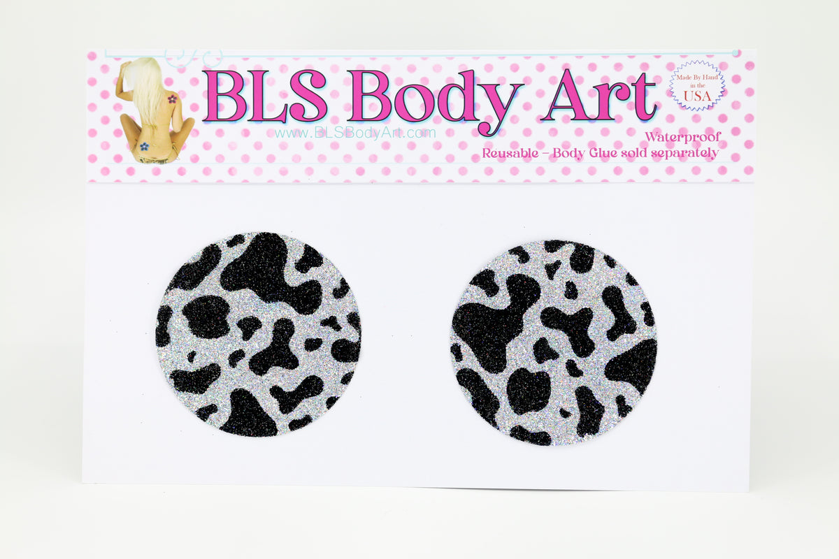 Product Image - Cow Pattern Glitter Pasties in BLS Body Art packaging