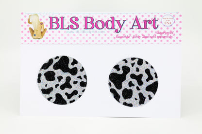 Product Image - Cow Pattern Glitter Pasties in BLS Body Art packaging