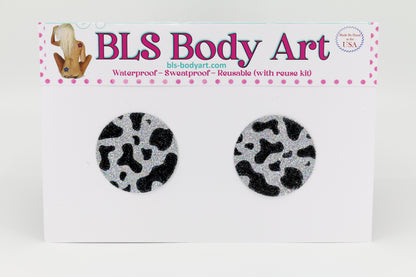 Product Image - Cow Pattern Glitter Pasties in BLS Body Art packaging