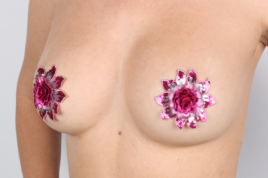 Model Image - Pink Daisy Embroidered Sequins Pasties applied to female model