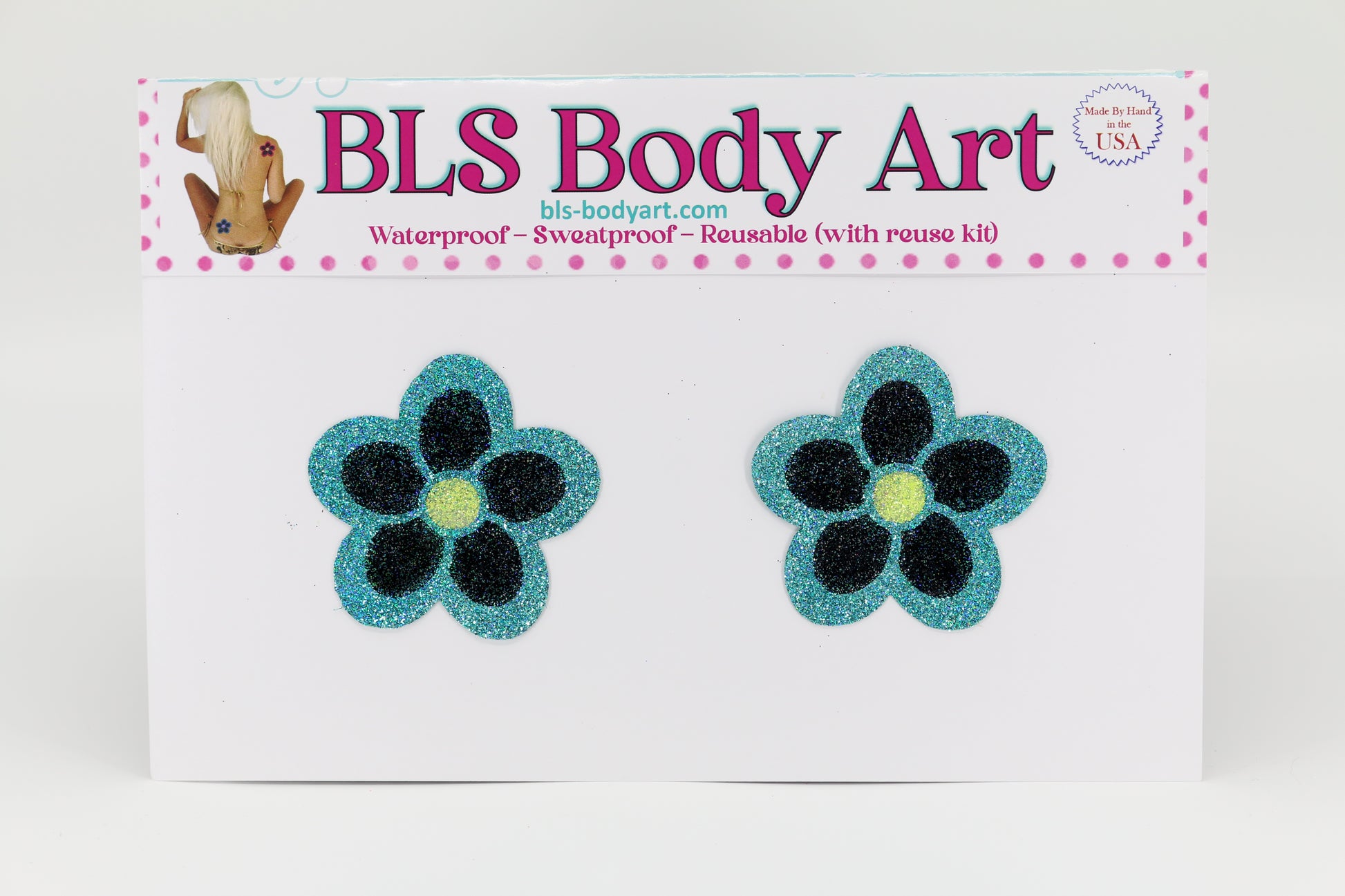 Product Image - Aqua/Black Daisy Glitter Pasties in BLS Body Art packaging