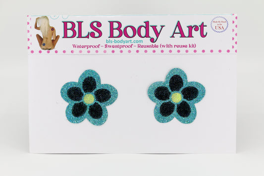 Product Image - Aqua/Black Daisy Glitter Pasties in BLS Body Art packaging