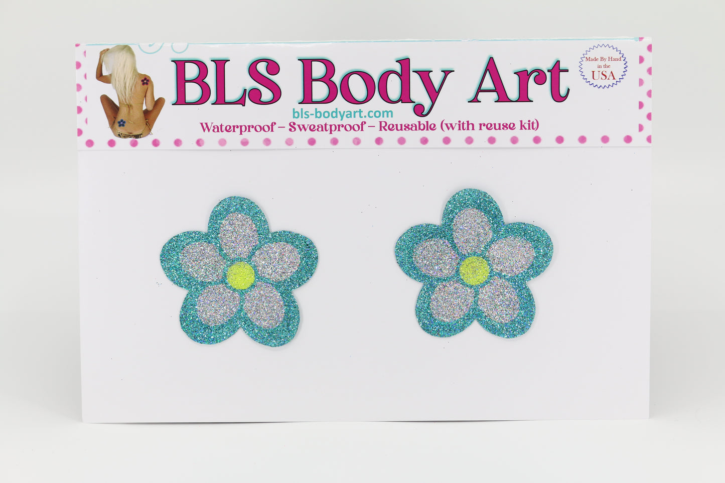 Product Image - Aqua/Silver Daisy Glitter Pasties in BLS Body Art packaging