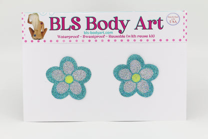 Product Image - Aqua/Silver Daisy Glitter Pasties in BLS Body Art packaging