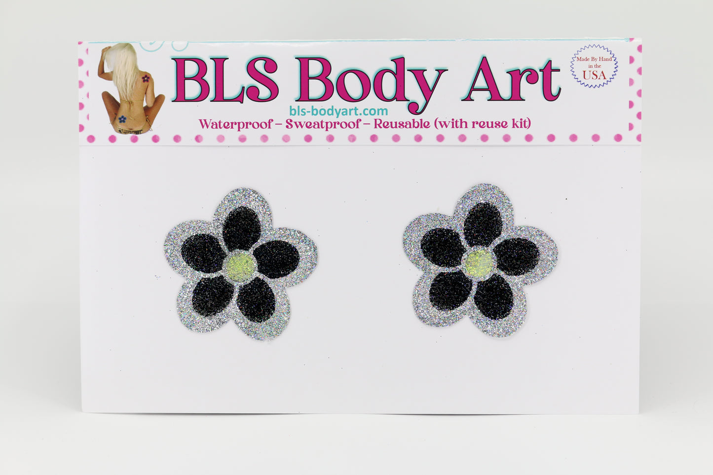 Product Image - Silver/Black Daisy Glitter Pasties in BLS Body Art packaging