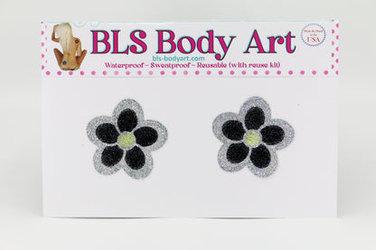 Product Image - Silver/Black Daisy Glitter Pasties in BLS Body Art packaging