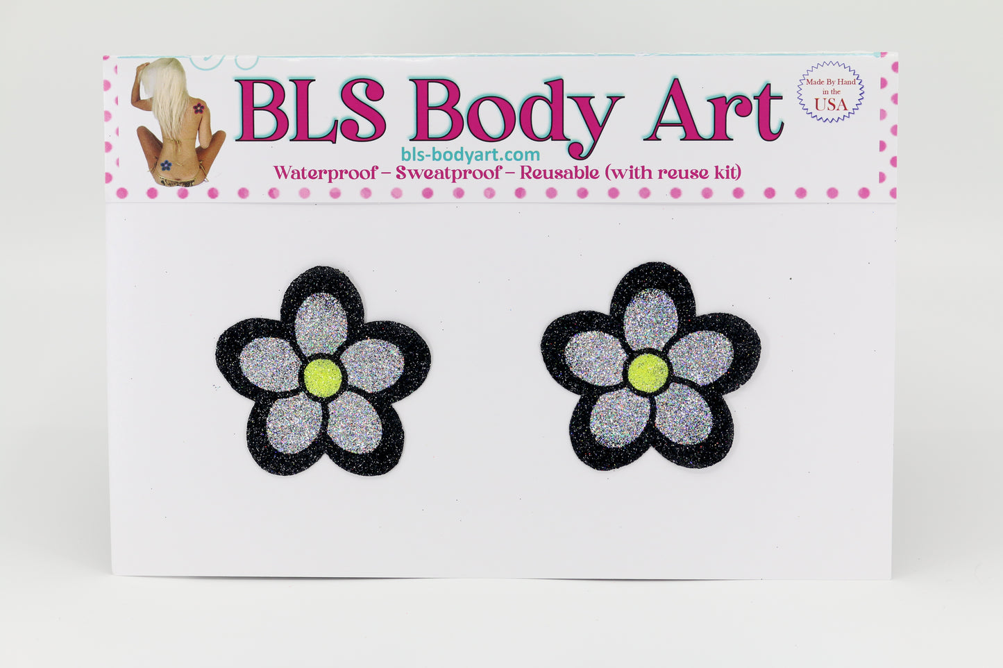 Product Image - Black/Silver Daisy Glitter Pasties in BLS Body Art packaging