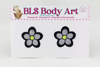 Product Image - Black/Silver Daisy Glitter Pasties in BLS Body Art packaging