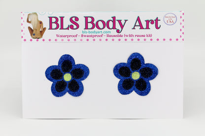 Product Image - Blue/Silver Daisy Glitter Pasties in BLS Body Art packaging