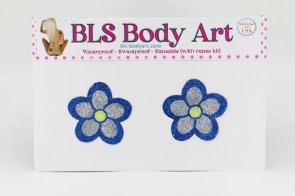 Product Image - Blue/Silver Daisy Glitter Pasties in BLS Body Art packaging