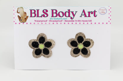 Product Image - Gold/Black Daisy Glitter Pasties in BLS Body Art packaging