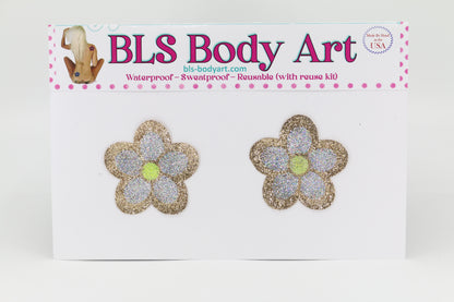 Product Image - Gold/Silver Daisy Glitter Pasties in BLS Body Art packaging