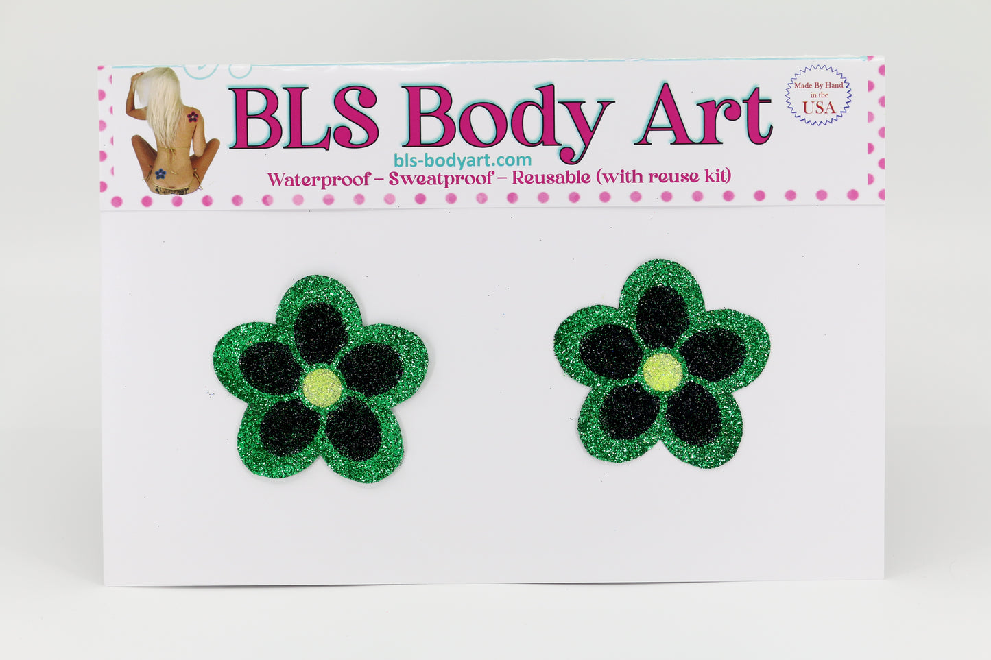 Product Image - Green/Black Daisy Glitter Pasties in BLS Body Art packaging