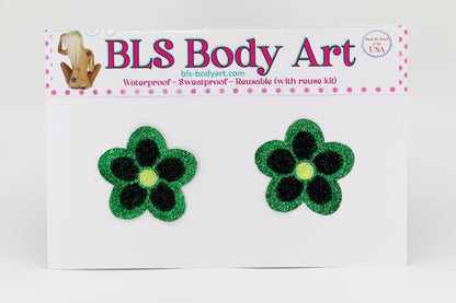 Product Image - Green/Black Daisy Glitter Pasties in BLS Body Art packaging