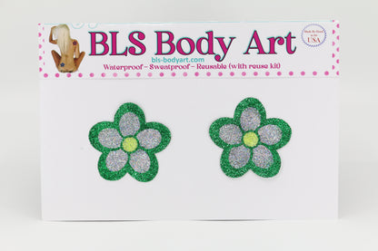 Product Image - Green/Silver Daisy Glitter Pasties in BLS Body Art packaging