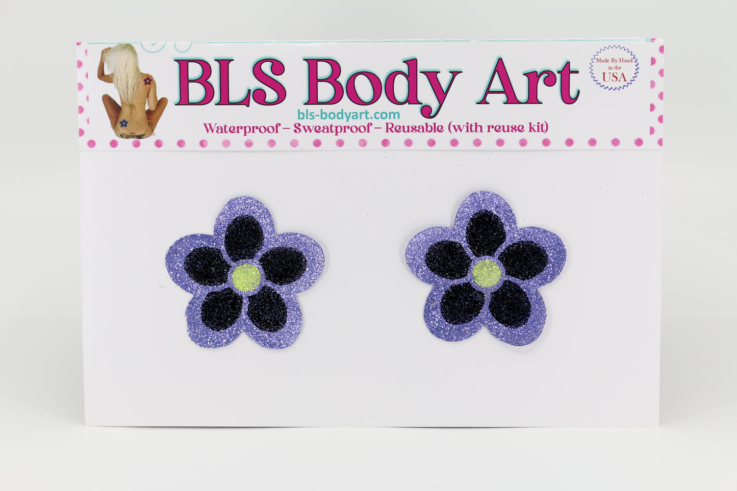 Product Image - Lavender/Black Daisy Glitter Pasties in BLS Body Art packaging
