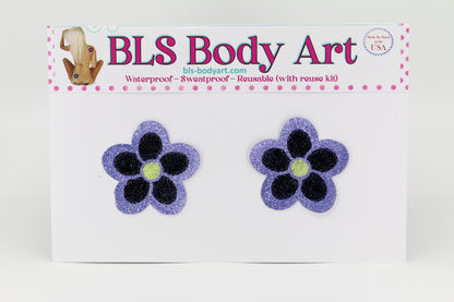 Product Image - Lavender/Black Daisy Glitter Pasties in BLS Body Art packaging