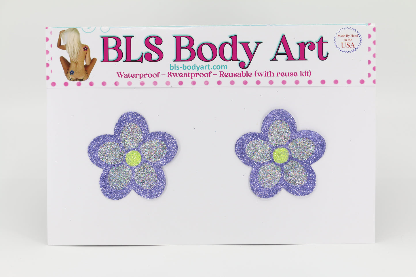 Product Image - Lavender/Silver Daisy Glitter Pasties in BLS Body Art packaging