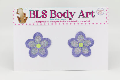 Product Image - Lavender/Silver Daisy Glitter Pasties in BLS Body Art packaging