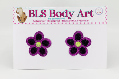 Product Image - Magenta/Black  Daisy Glitter Pasties in BLS Body Art packaging