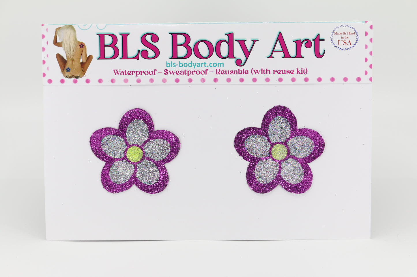 Product Image - Magenta/Silver Daisy Glitter Pasties in BLS Body Art packaging