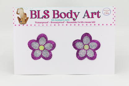 Product Image - Magenta/Silver Daisy Glitter Pasties in BLS Body Art packaging