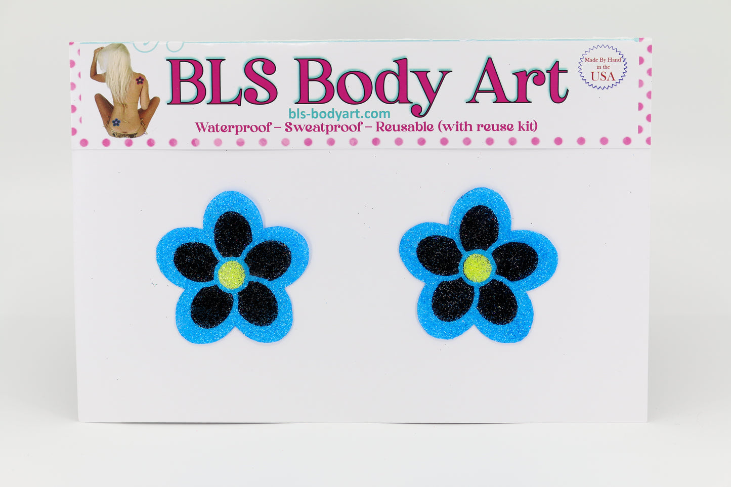Product Image - Neon Blue/Black Daisy Glitter Pasties in BLS Body Art packaging